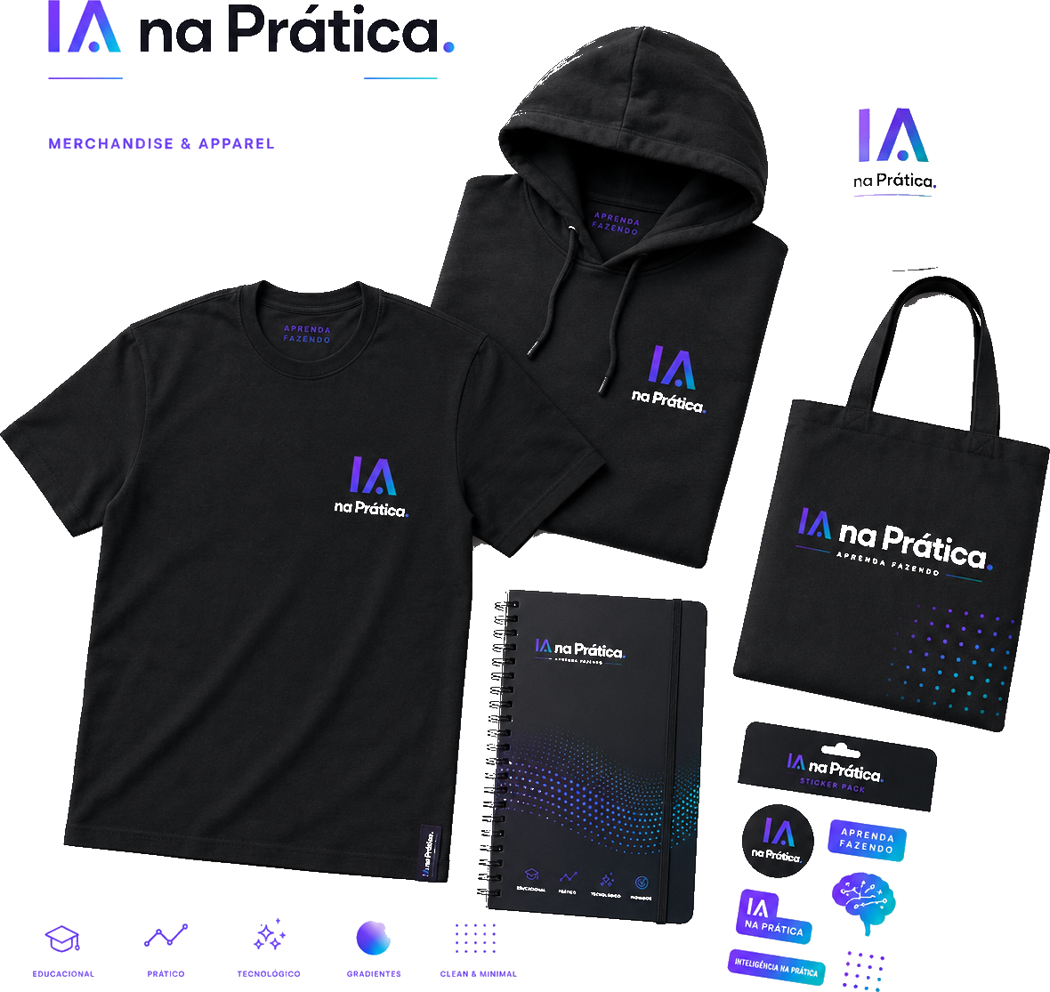 Merchandise IA na Prática — camiseta, caneca, totebag, apostila